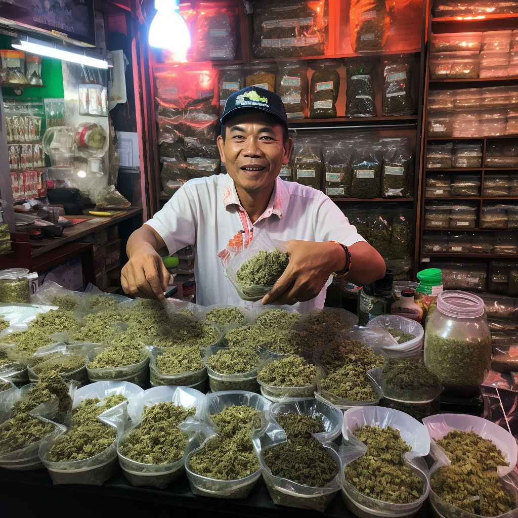 In a Thai shop, a knowledgeable 40-year-old presents diverse cannabis strains In Chonburi Pattaya, explaining qualities to customers. Aromas form a fragrant tapestry, embodying cultural connection.