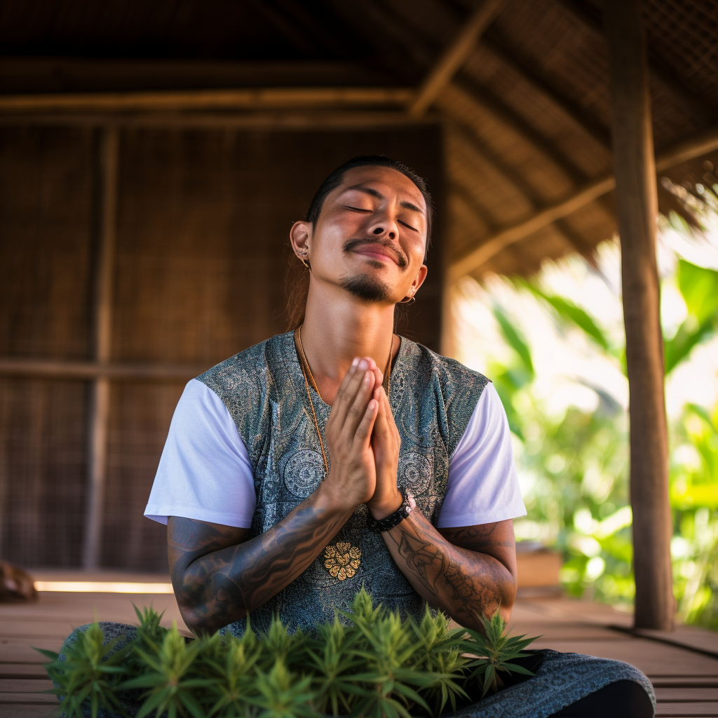 Young Thai man respectfully contemplating thriving cannabis plants in his rustic wooden abode, showcasing a harmonious bond between culture and nature in Thailand Pattaya.