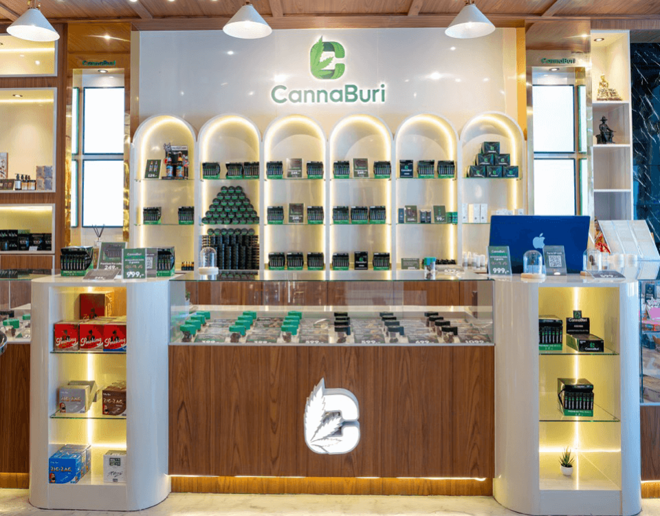 Main counter and product jar display at CannaBuri, Pattaya