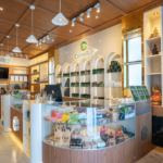 Product display counter and jar wall at CannaBuri