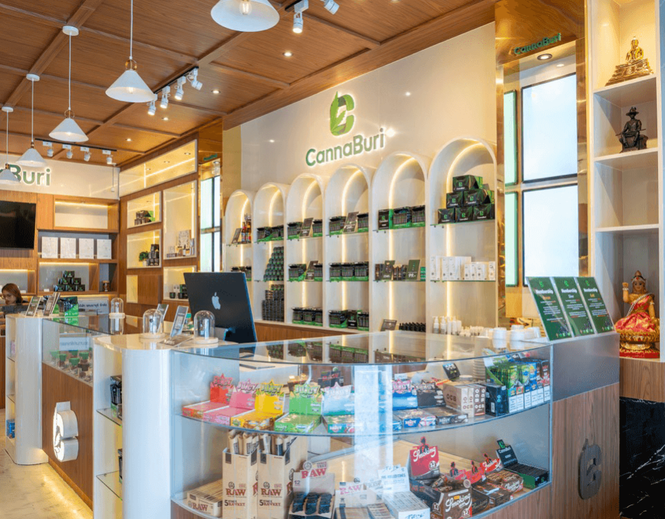 Product display counter and jar wall at CannaBuri