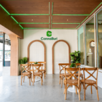 Arched entrance porch with seating at CannaBuri