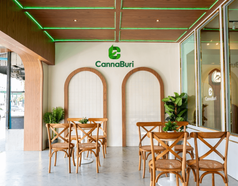 Arched entrance porch with seating at CannaBuri