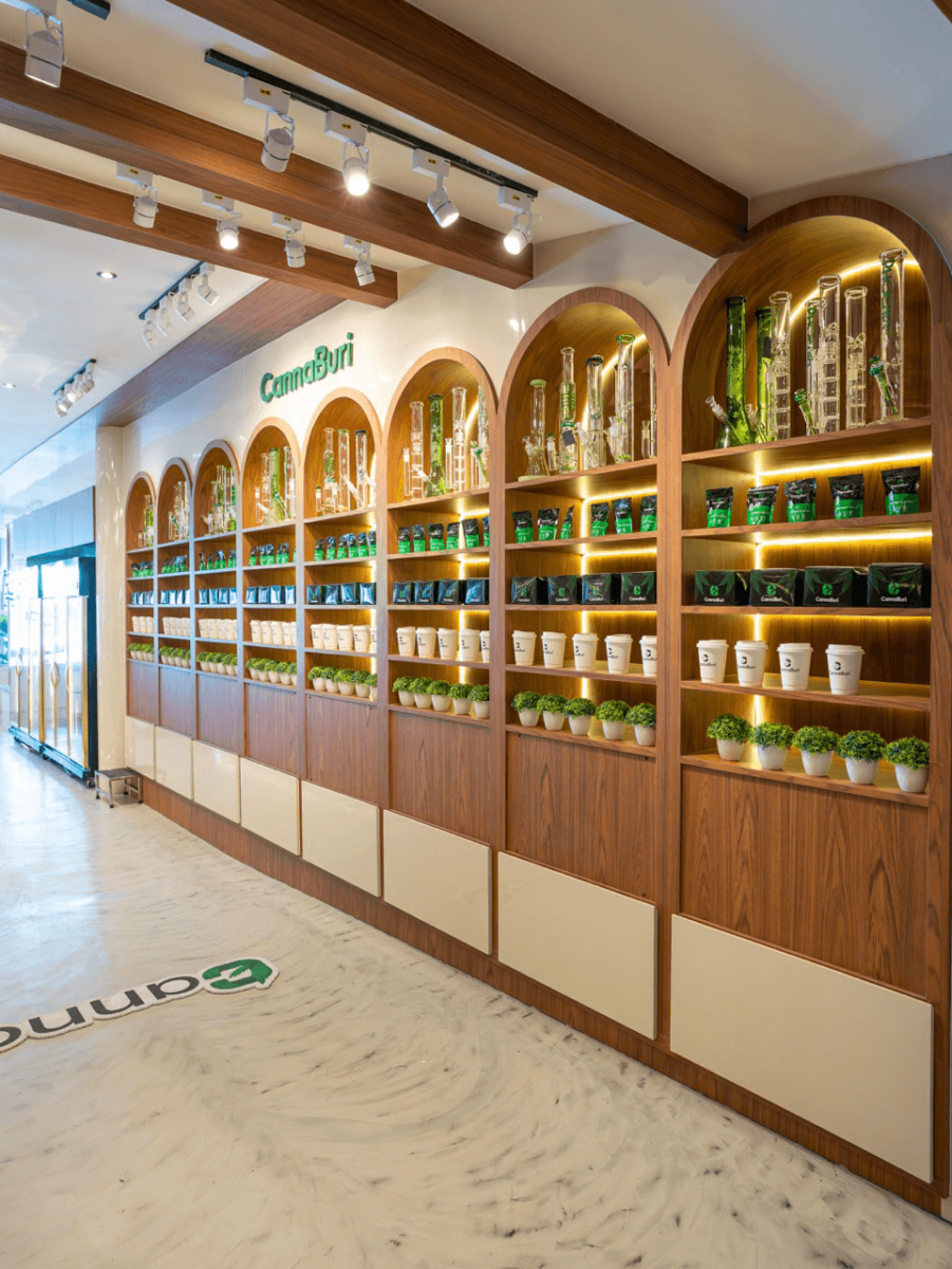 Arched wooden display shelves at CannaBuri