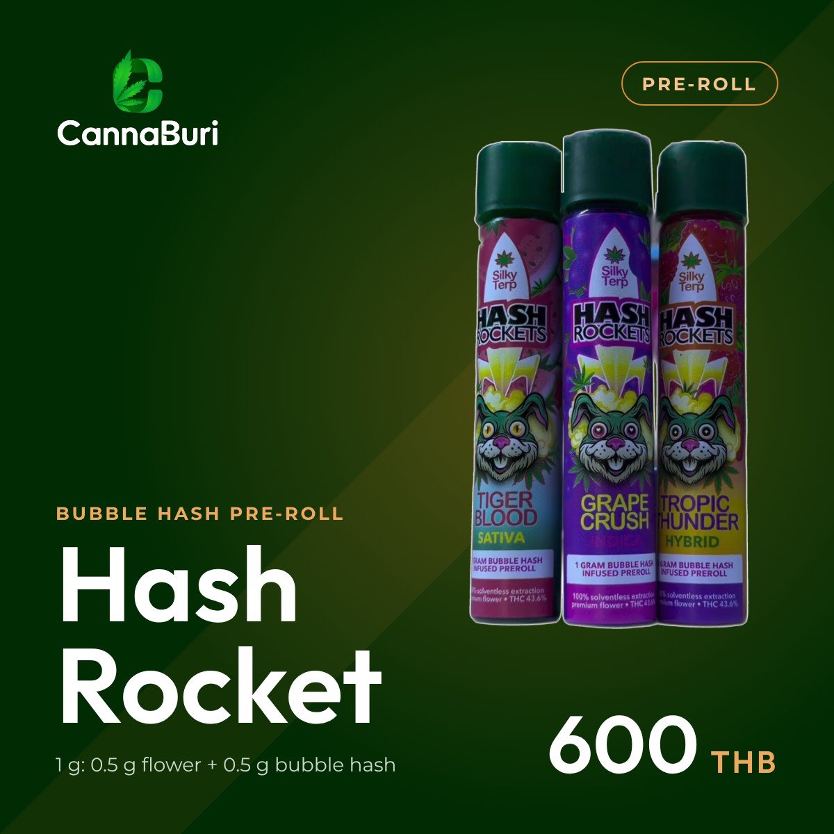 Silky Terp Hash Rocket bubble hash pre-rolls at CannaBuri, 600 THB
