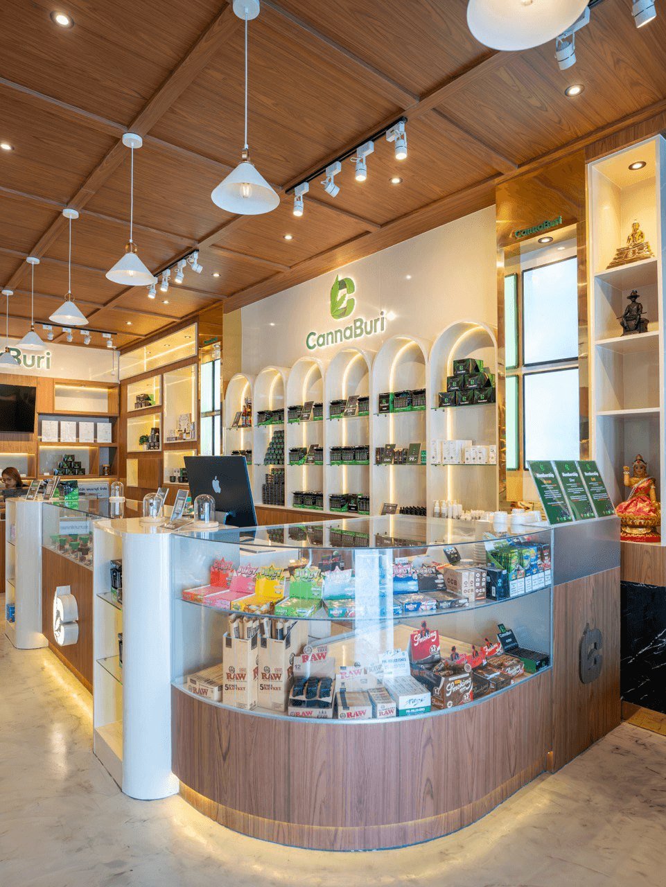 Product display counter and arched jar wall at CannaBuri, Pattaya