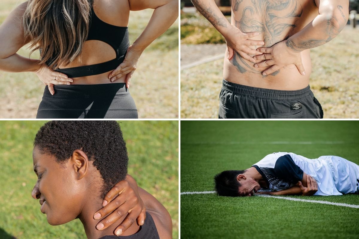 Collage of active people holding their lower back and neck in pain, and a footballer down on the pitch