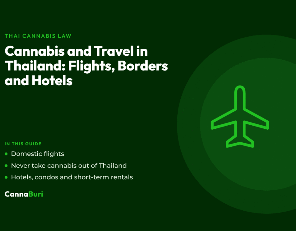 Title card for the CannaBuri guide "Cannabis and Travel in Thailand: Flights, Borders and Hotels", covering domestic flights, why cannabis must never leave Thailand, and hotels, condos and short-term rentals