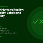 Title card for the CannaBuri guide "CBD Myths vs Reality: Legality, Labels and Quality", covering CBD and Thai law, THC in CBD products, and what labels and packaging tell you