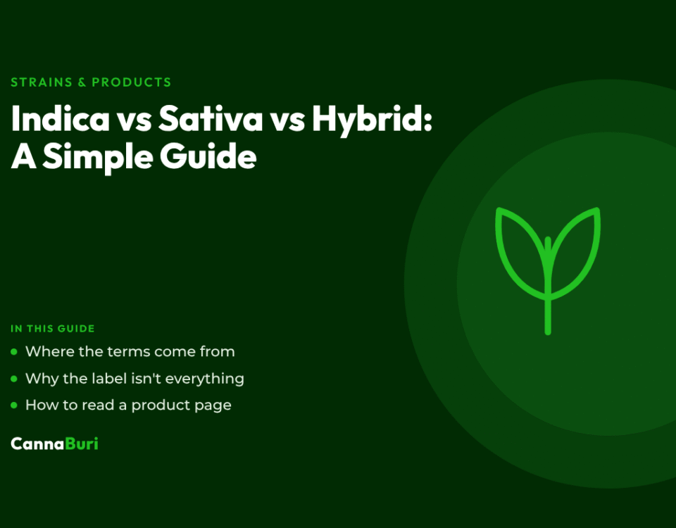 Title card for the CannaBuri guide "Indica vs Sativa vs Hybrid: A Simple Guide", covering where the terms come from, why the label isn't everything, and how to read a product page
