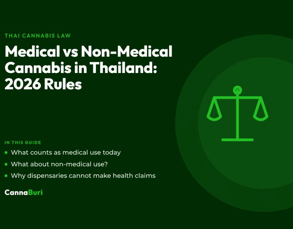 Title card for the CannaBuri guide "Medical vs Non-Medical Cannabis in Thailand: 2026 Rules", covering what counts as medical use today, non-medical use, and why dispensaries cannot make health claims
