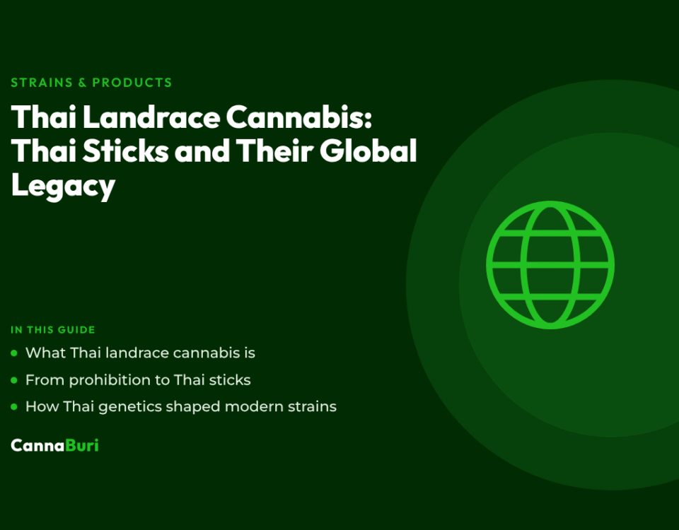 Title card for the CannaBuri guide "Thai Landrace Cannabis: Thai Sticks and Their Global Legacy", covering what Thai landrace cannabis is, the story from prohibition to Thai sticks, and how Thai genetics shaped modern strains