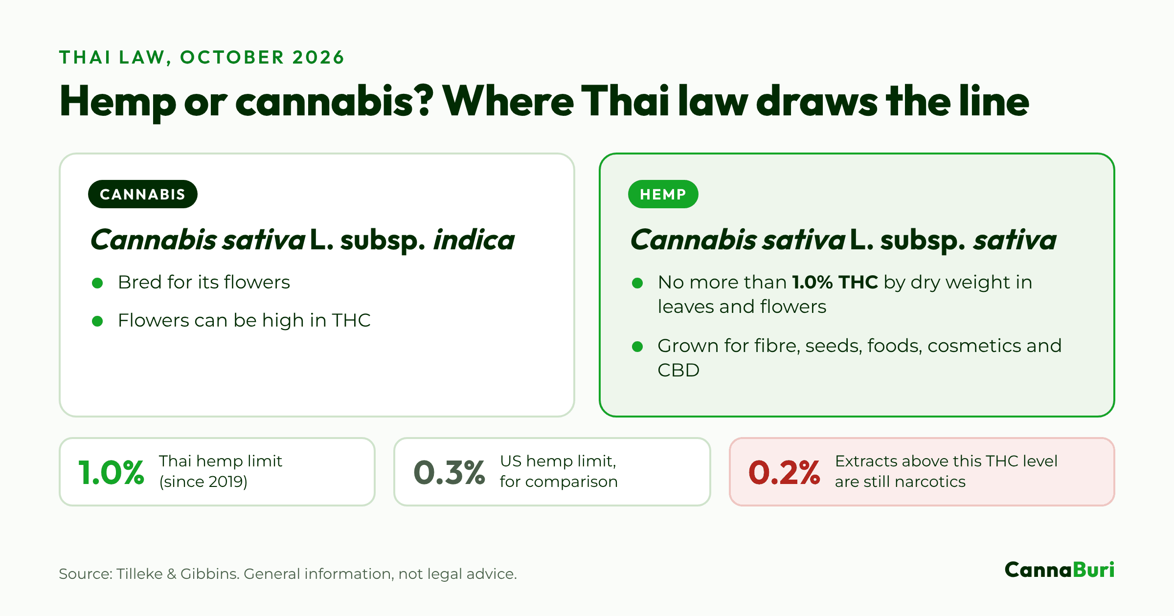 Diagram comparing cannabis (Cannabis sativa subsp. indica) with hemp (subsp. sativa, no more than 1.0% THC by dry weight) under Thai law, with the 0.3% US hemp limit and the 0.2% THC limit for extracts