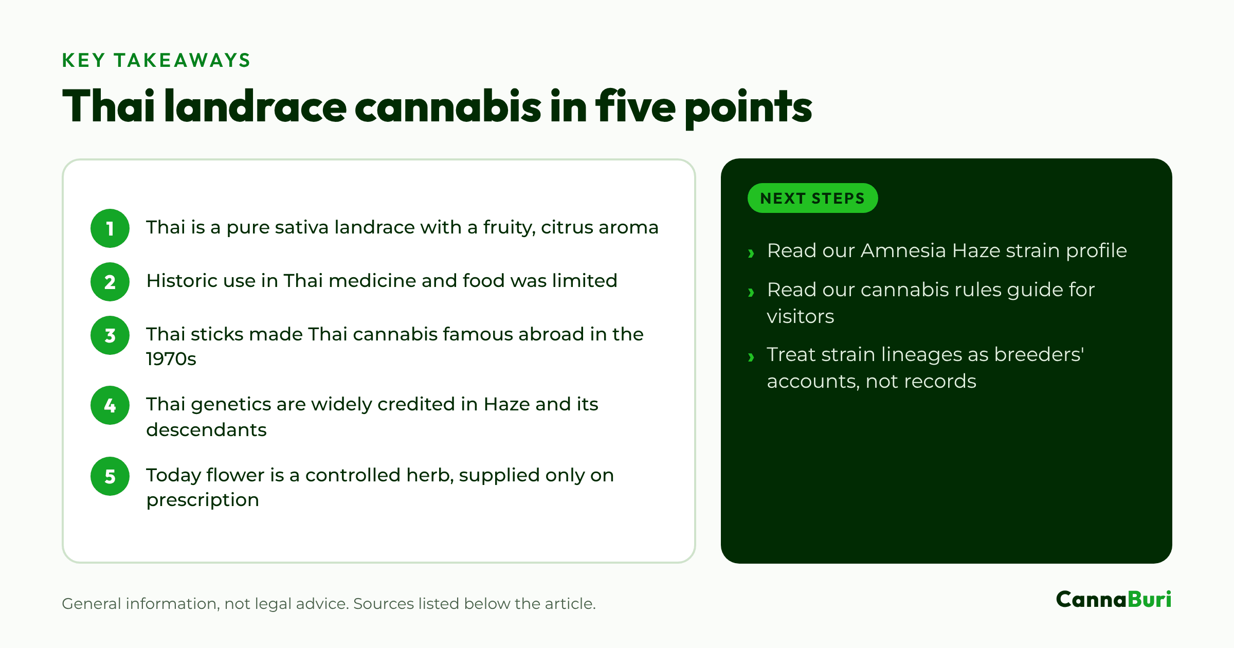 Key takeaways: five points on Thai landrace cannabis, its history and its place in modern strains, with next steps for readers.